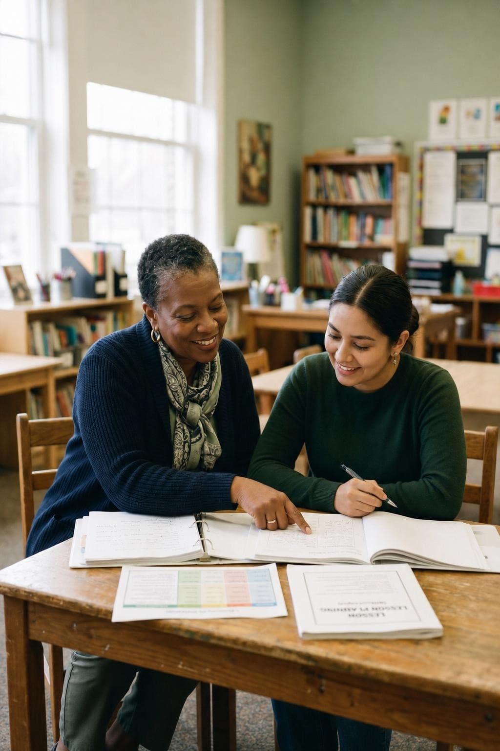 An experienced educator coaching a colleague through lesson planning